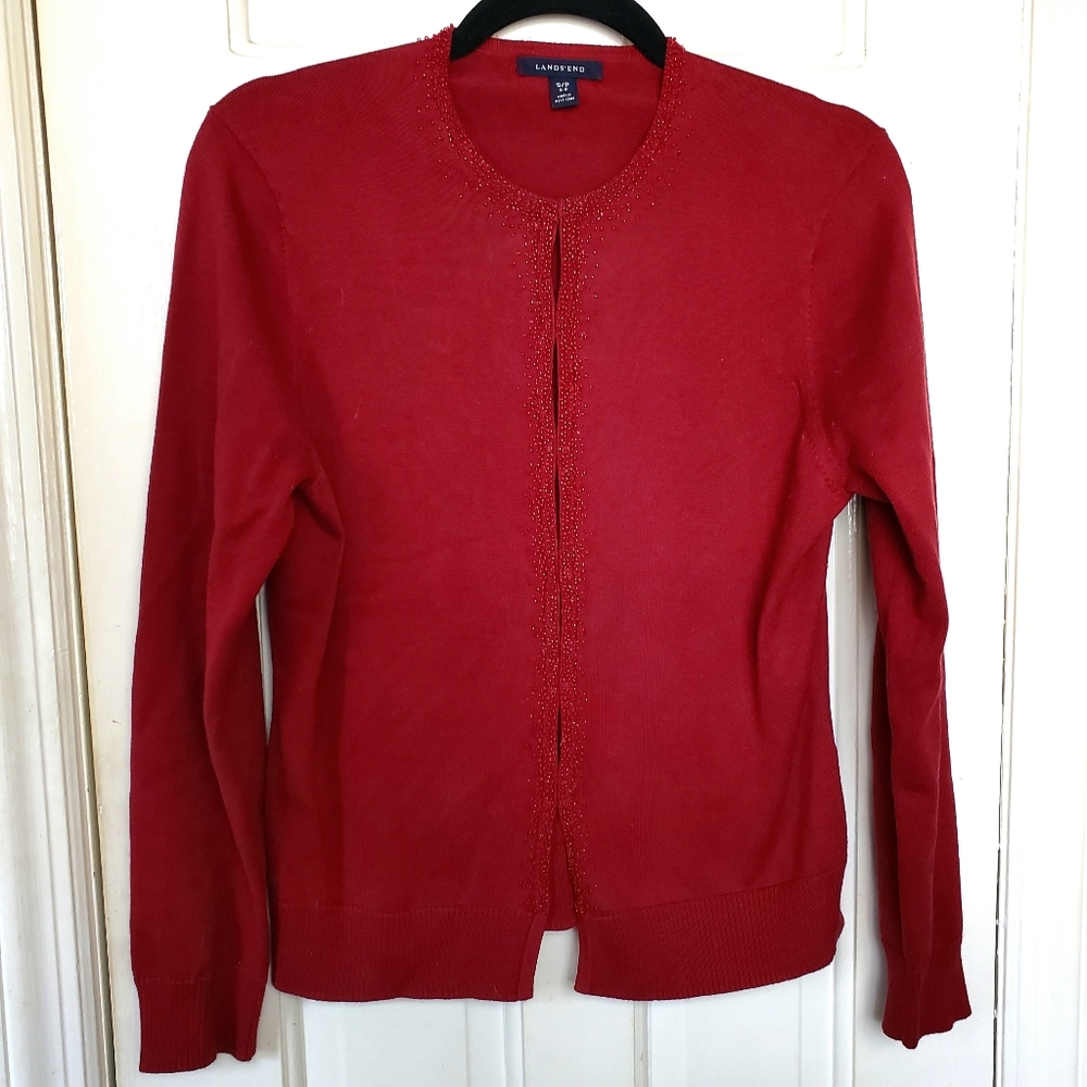 Lands End Size S/P Raspberry Seed Beaded Cardigan‎ Sweater Office to Evening